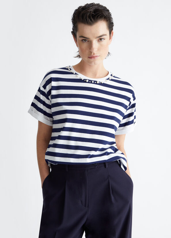 Striped T Shirt with Pearls Blue