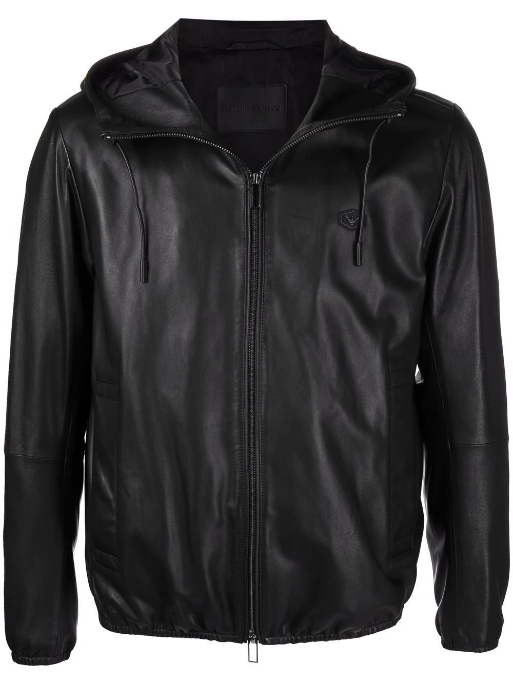 Emporio Armani Hooded Leather Jacket Black