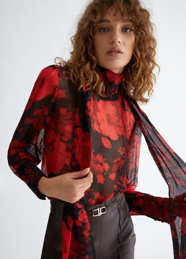 Blusa in Misto Seta con Fantasia Floreale / Rosso - Ideal Moda