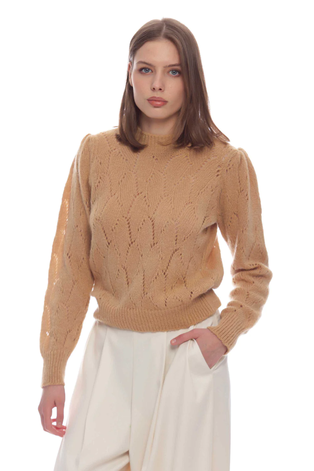 Maglia con Motivo Traforato / Beige - Ideal Moda