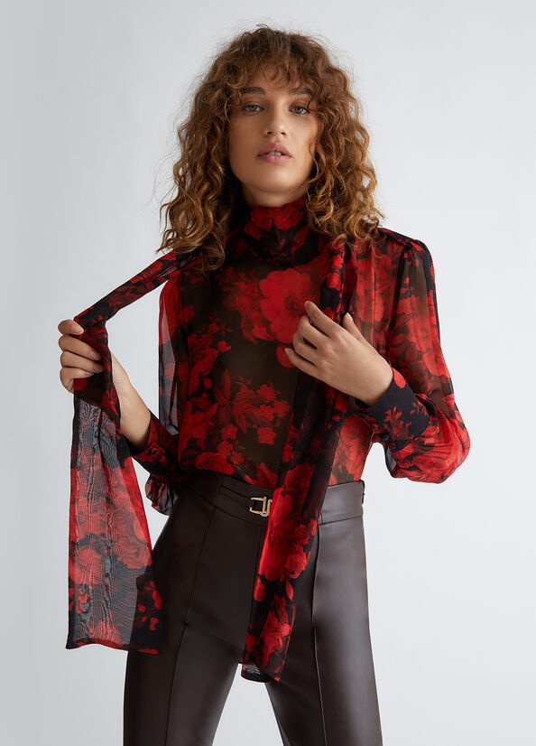 Blusa in Misto Seta con Fantasia Floreale / Rosso - Ideal Moda