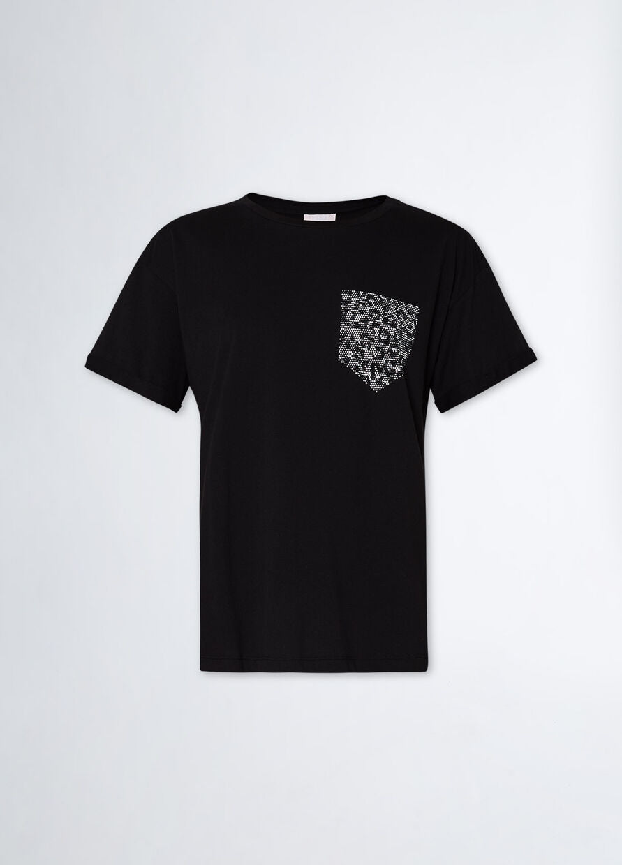 T-Shirt con Taschino e Strass / Nero - Ideal Moda