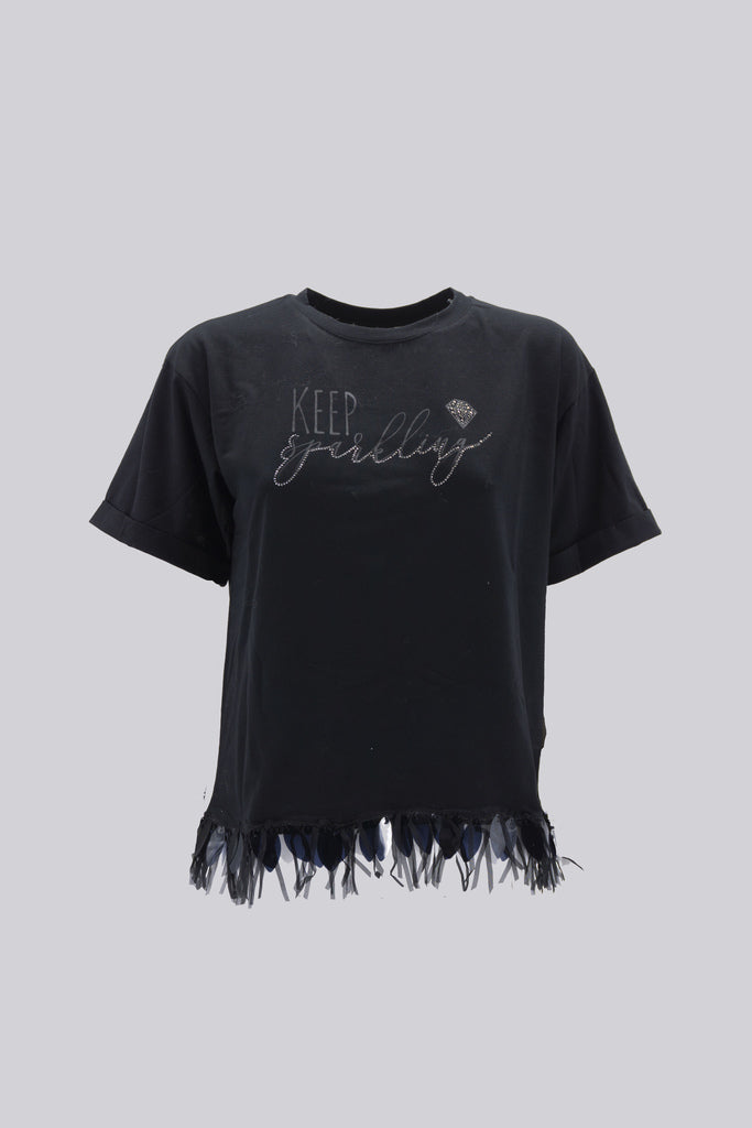 T-Shirt Mezza Manica con Applicazioni / Nero - Ideal Moda