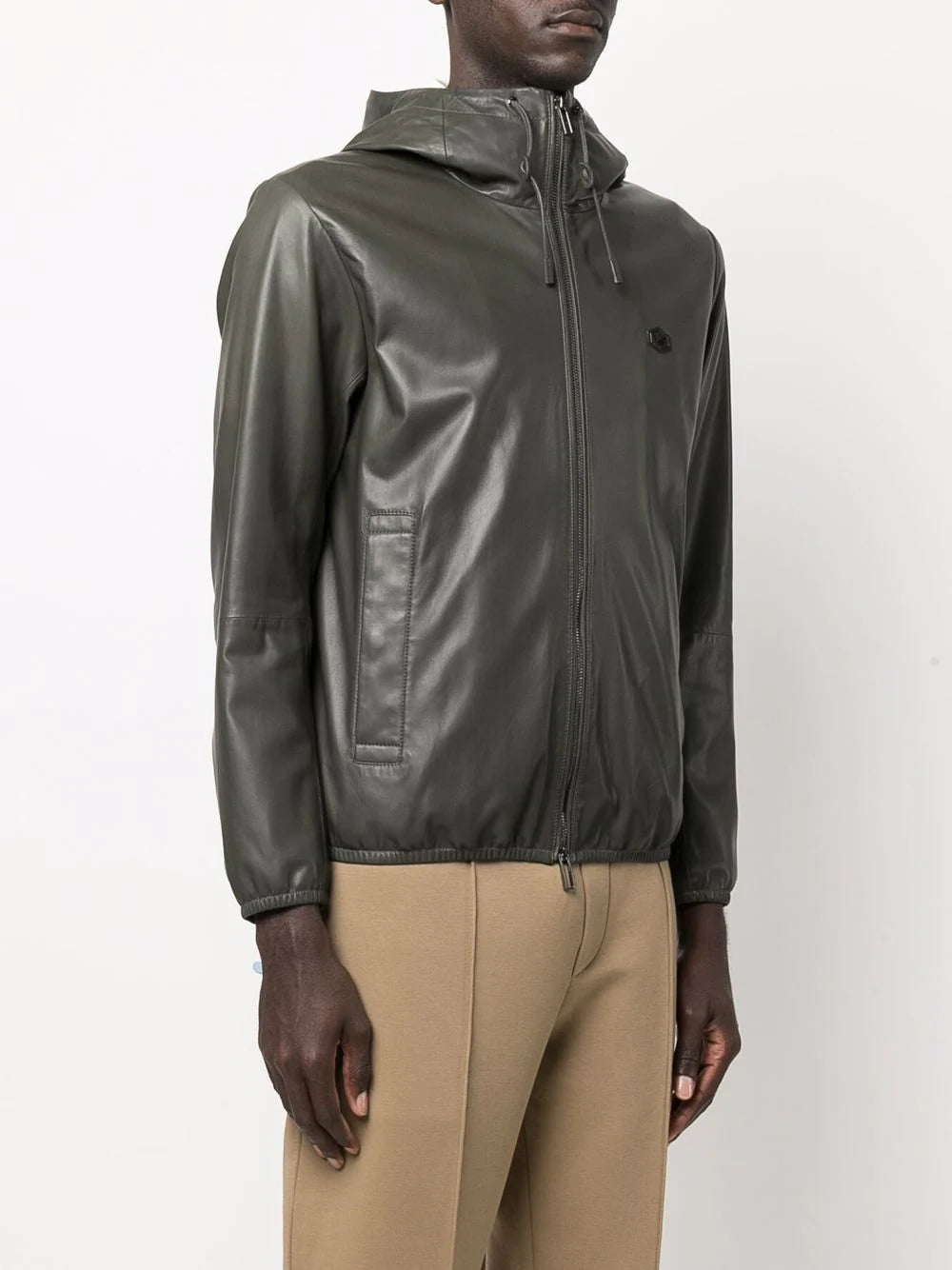 Emporio Armani Hooded Leather Jacket Green